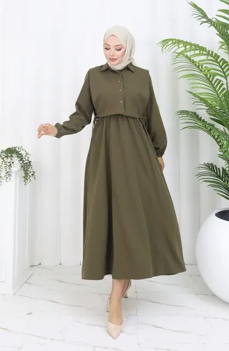 Gömlek Yaka Bolera Detaylı Elbise 81898-05 Haki Yeşil
