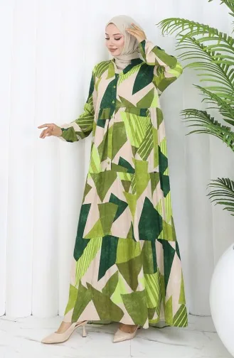 فستان منقوش بأزرار نصفية 5580-01 أخضر زمردي 5580-01