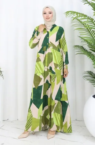 فستان منقوش بأزرار نصفية 5580-01 أخضر زمردي 5580-01