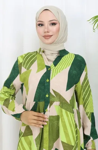 فستان منقوش بأزرار نصفية 5580-01 أخضر زمردي 5580-01