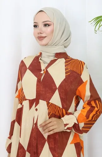 فستان منقوش بأزرار نصفية 5580-03 لون بريك 5580-03
