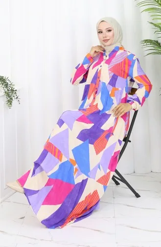 Half Buttoned Patterned Dress 5580-04 Purple 5580-04