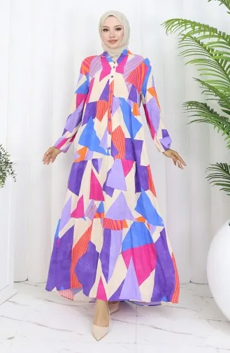 Half Buttoned Patterned Dress 5580-04 Purple 5580-04