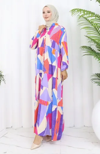 Half Buttoned Patterned Dress 5580-04 Purple 5580-04