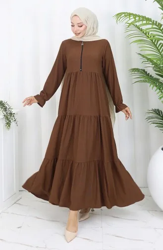 فستان من قماش الكريب بسحاب 6999-03 بني 6999-03