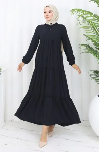 İnci Ayrobin Farbalı Kolları Lastikli Elbise 4909-10 Siyah