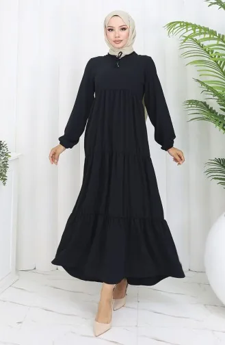 İnci Ayrobin Farbalı Kolları Lastikli Elbise 4909-10 Siyah