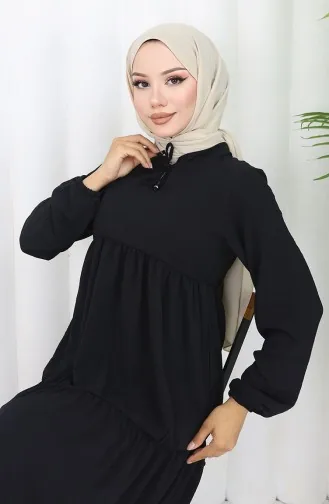 İnci Ayrobin Farbalı Kolları Lastikli Elbise 4909-10 Siyah