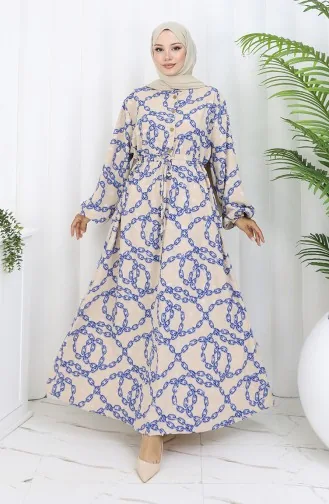 Aerobin Kumaş Zincir Desenli Elbise 0105-02 Vizon Lacivert