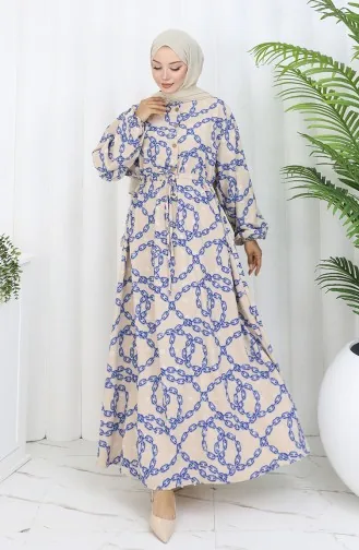 Aerobin Kumaş Zincir Desenli Elbise 0105-02 Vizon Lacivert
