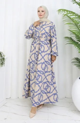 Aerobin Kumaş Zincir Desenli Elbise 0105-02 Vizon Lacivert