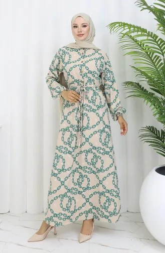 Aerobin Kumaş Zincir Desenli Elbise 0105-03 Vizon Yeşil