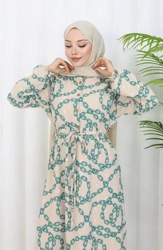 Aerobin Kumaş Zincir Desenli Elbise 0105-03 Vizon Yeşil