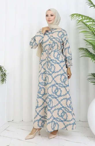 Aerobin Kumaş Zincir Desenli Elbise 0105-04 Vizon Petrol