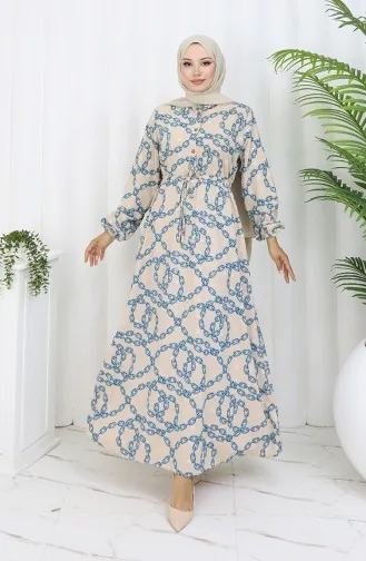 Aerobin Kumaş Zincir Desenli Elbise 0105-04 Vizon Petrol