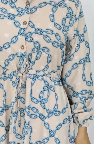 Aerobin Kumaş Zincir Desenli Elbise 0105-04 Vizon Petrol