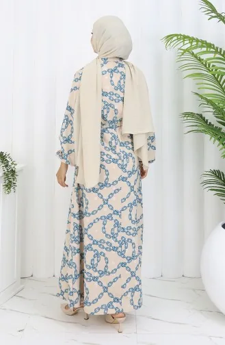 Aerobin Kumaş Zincir Desenli Elbise 0105-04 Vizon Petrol