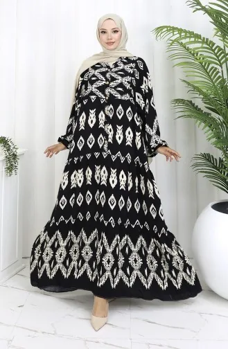 Viskose Stoff Halb Geknöpftes Gemustertes Kleid 0107-01 Schwarz 0107-01