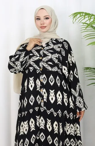 Robe à Motifs En Viscose à Demi-boutonnage 0107-01 Noir 0107-01