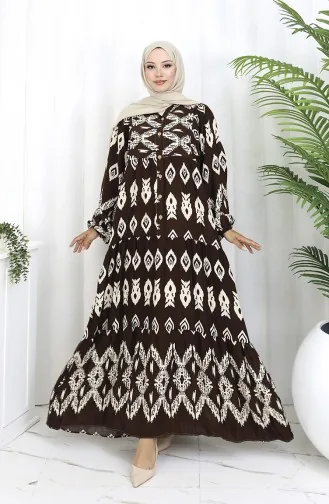 Viskose Stoff Halb Geknöpftes Gemustertes Kleid 0107-02 Braun 0107-02