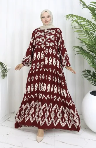 Viscose Fabric Half Buttoned Patterned Dress 0107-04 Claret Red 0107-04