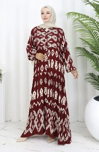 Viscose Fabric Half Buttoned Patterned Dress 0107-04 Claret Red 0107-04