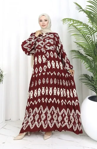 Viscose Fabric Half Buttoned Patterned Dress 0107-04 Claret Red 0107-04