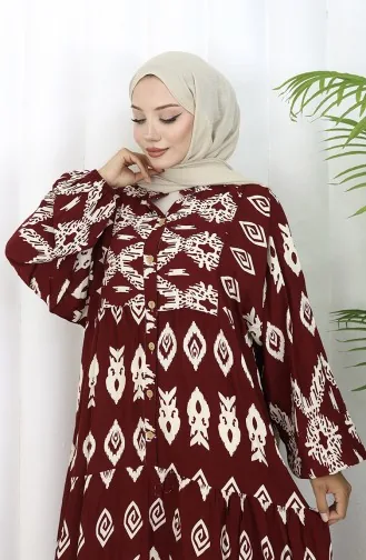 Viscose Fabric Half Buttoned Patterned Dress 0107-04 Claret Red 0107-04