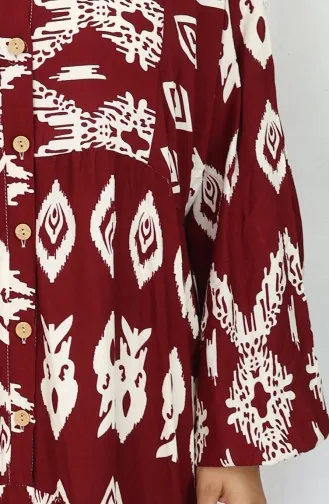 Viscose Fabric Half Buttoned Patterned Dress 0107-04 Claret Red 0107-04