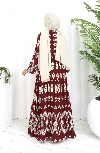 Viscose Fabric Half Buttoned Patterned Dress 0107-04 Claret Red 0107-04