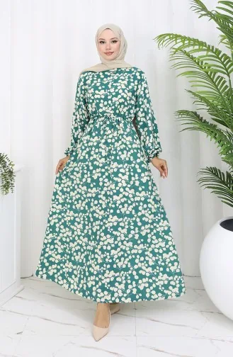 Beli Bağcıklı Desenli Viskon Elbise 2083-01 Yeşil