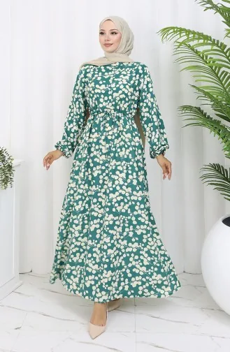 Beli Bağcıklı Desenli Viskon Elbise 2083-01 Yeşil