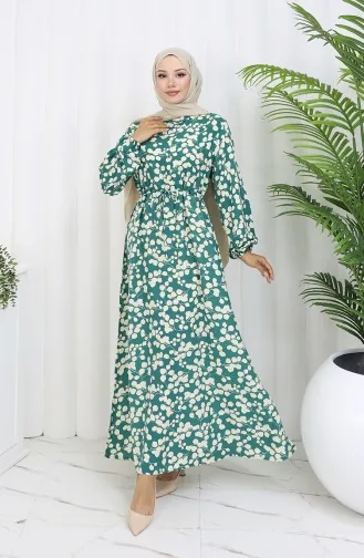 Beli Bağcıklı Desenli Viskon Elbise 2083-01 Yeşil