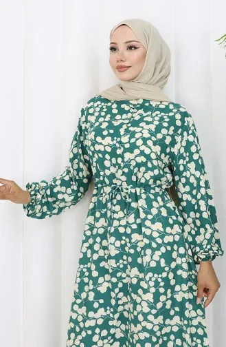 Beli Bağcıklı Desenli Viskon Elbise 2083-01 Yeşil