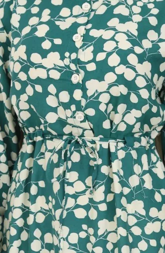 Beli Bağcıklı Desenli Viskon Elbise 2083-01 Yeşil