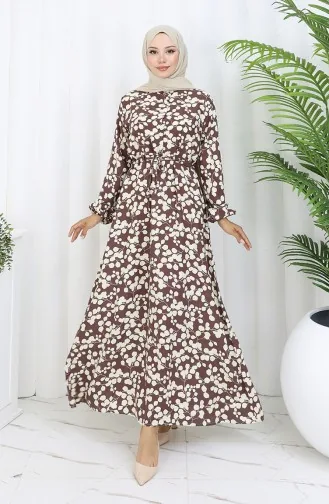 Beli Bağcıklı Desenli Viskon Elbise 2083-02 Kahverengi