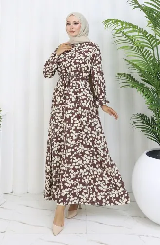 Beli Bağcıklı Desenli Viskon Elbise 2083-02 Kahverengi
