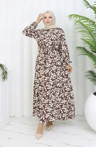 Beli Bağcıklı Desenli Viskon Elbise 2083-02 Kahverengi