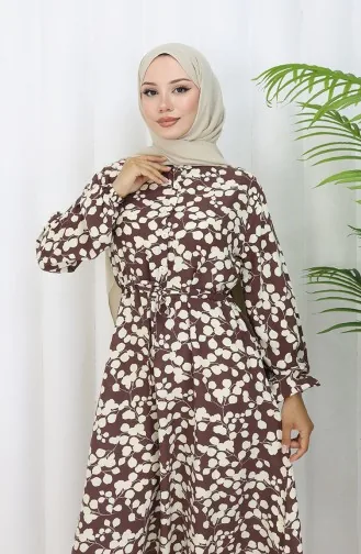 Beli Bağcıklı Desenli Viskon Elbise 2083-02 Kahverengi
