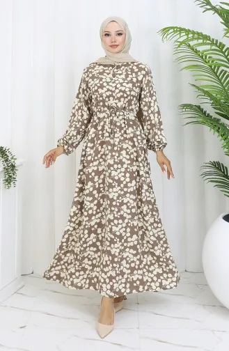 Beli Bağcıklı Desenli Viskon Elbise 2083-03 Vizon