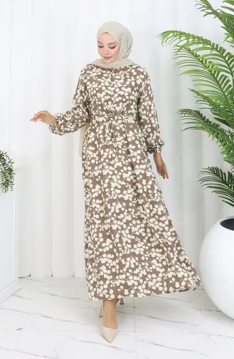 Beli Bağcıklı Desenli Viskon Elbise 2083-03 Vizon