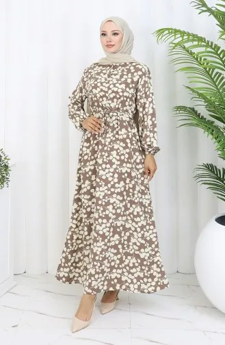 Beli Bağcıklı Desenli Viskon Elbise 2083-03 Vizon