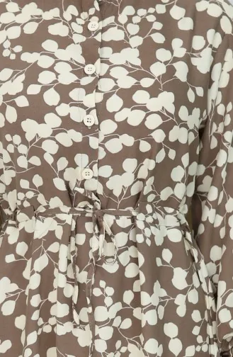 Beli Bağcıklı Desenli Viskon Elbise 2083-03 Vizon