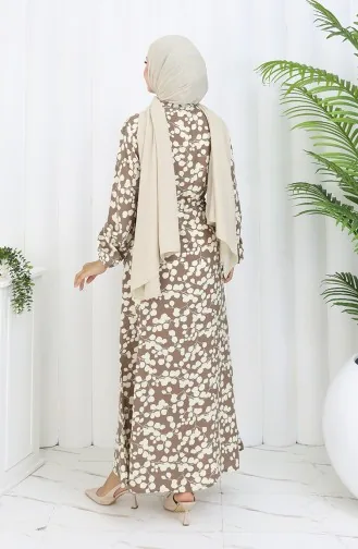 Beli Bağcıklı Desenli Viskon Elbise 2083-03 Vizon