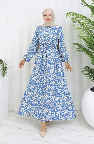 Beli Bağcıklı Desenli Viskon Elbise 2083-04 İndigo