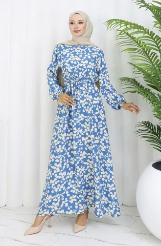 Beli Bağcıklı Desenli Viskon Elbise 2083-04 İndigo