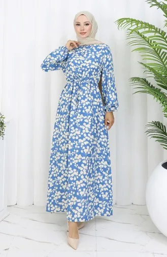 Beli Bağcıklı Desenli Viskon Elbise 2083-04 İndigo