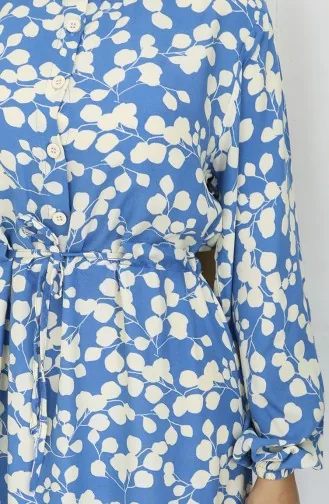 Beli Bağcıklı Desenli Viskon Elbise 2083-04 İndigo