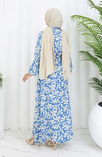 Beli Bağcıklı Desenli Viskon Elbise 2083-04 İndigo