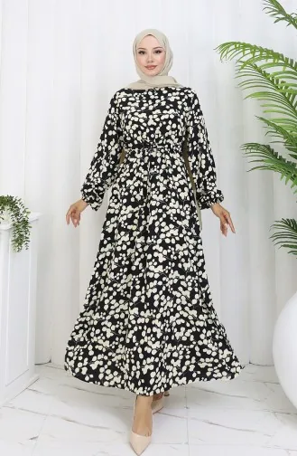Beli Bağcıklı Desenli Viskon Elbise 2083-05 Siyah